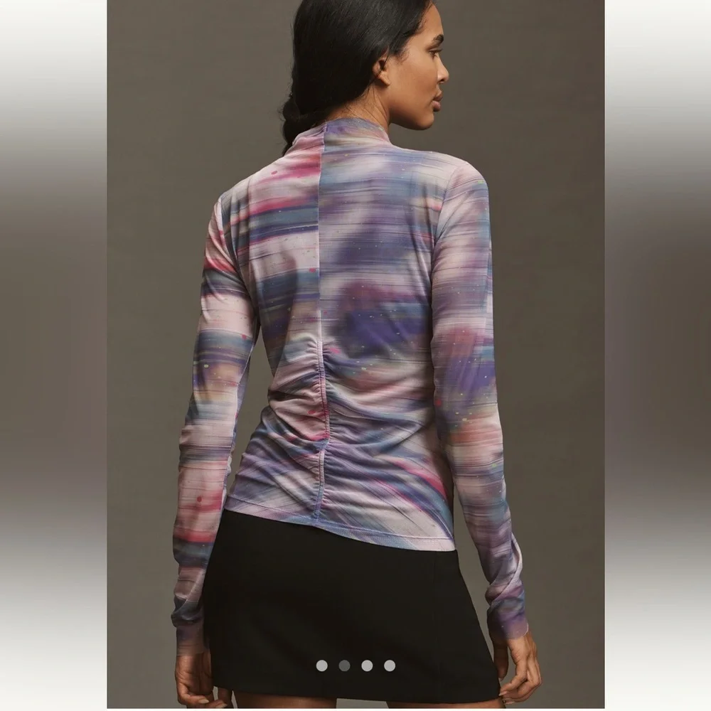 Anthropologie Mesh Top Size Medium Purple Pattern Double Layer Long Sleeve - Picture 3 of 15